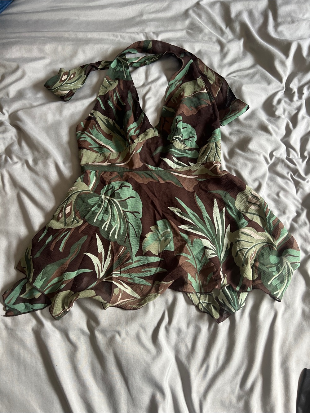 Tropical Halter Tie-Back Top in Brown & Green